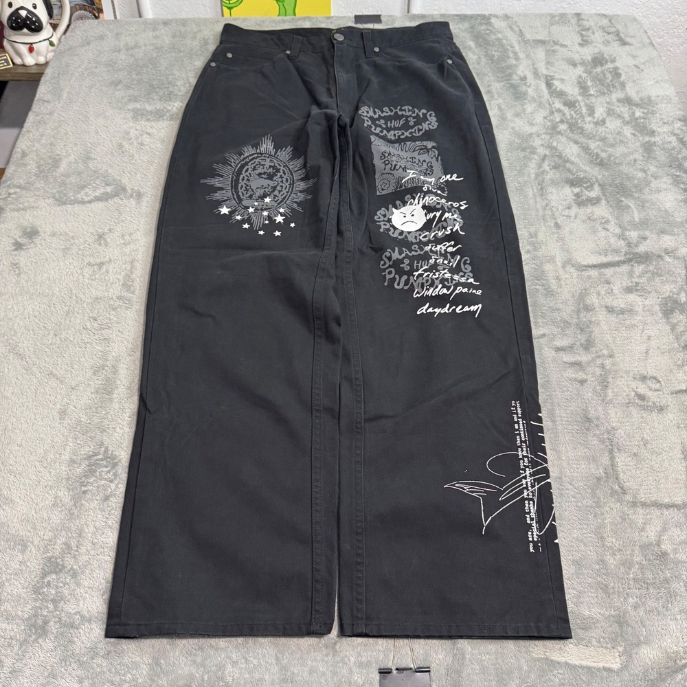 Rare HUF x The Smashing Pumpkins Work Pants Black Graphic Mens 30 Mellon Collie